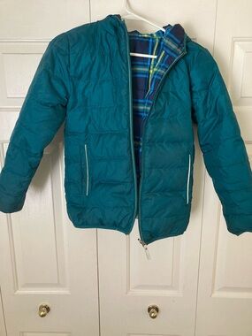 Hanna Andersson Teal Quilted Hooded Puffer with Plaid Lining